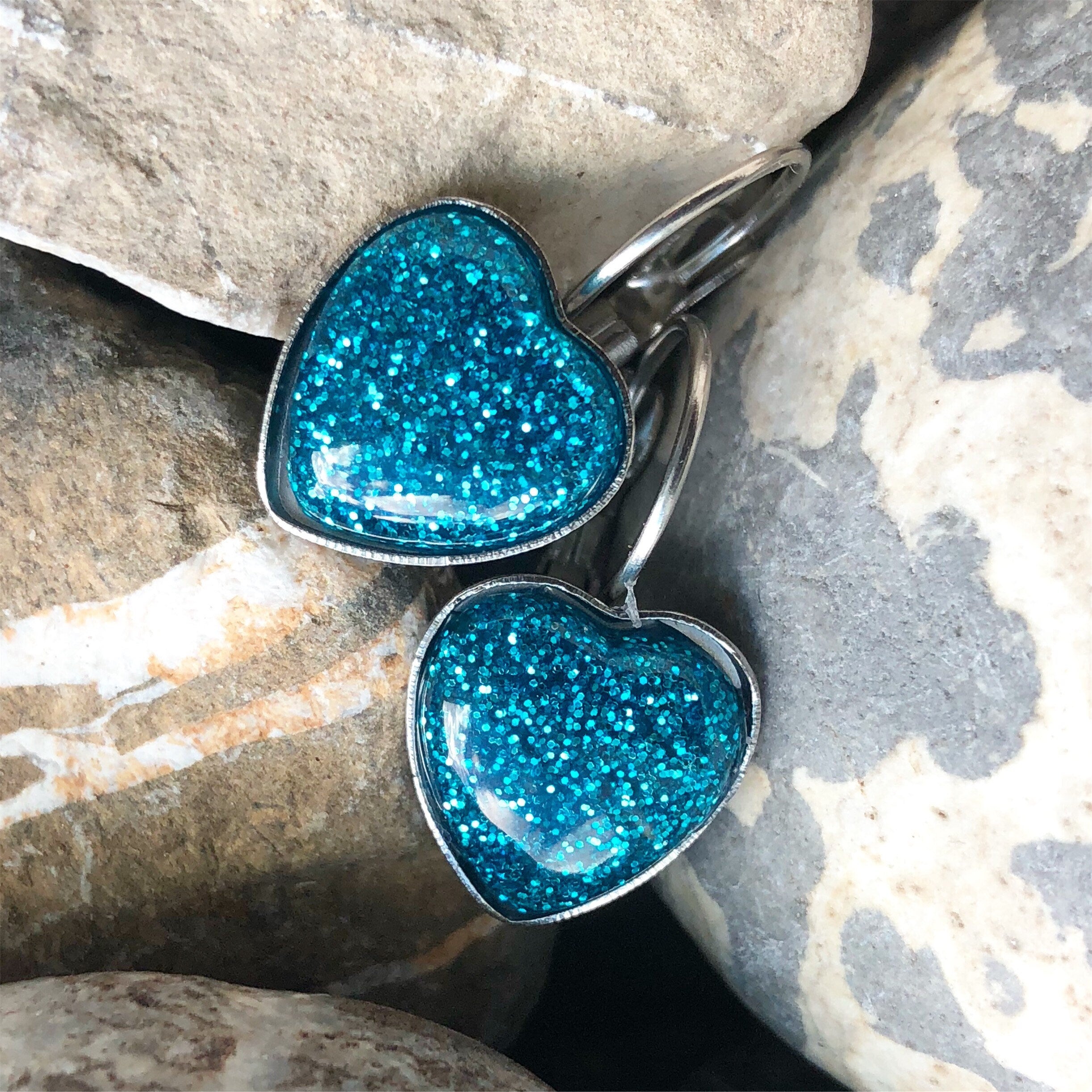 Stainless steel dangle drop glitter resin heart earrings