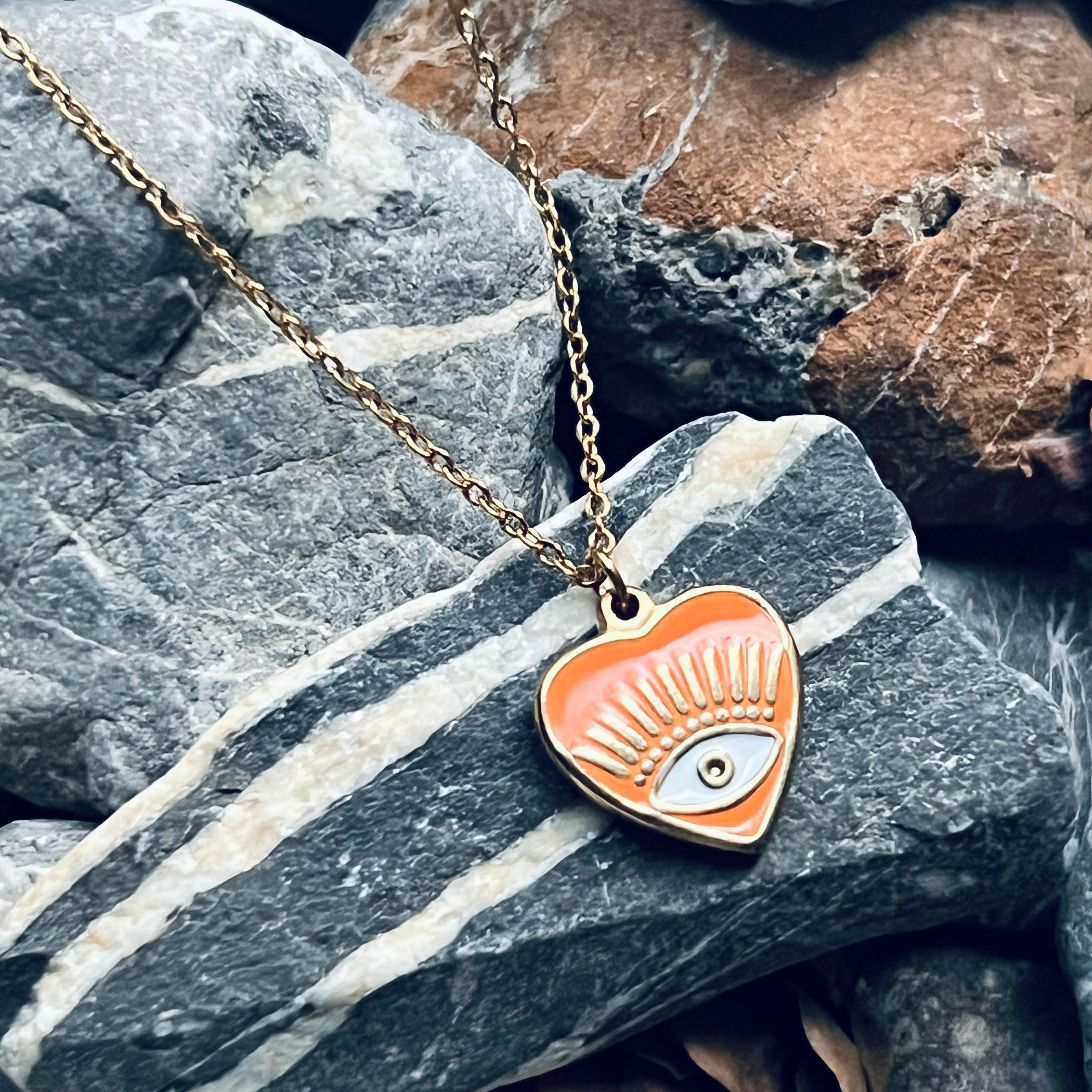 Stainless steel gold enamelled evil eye heart necklace