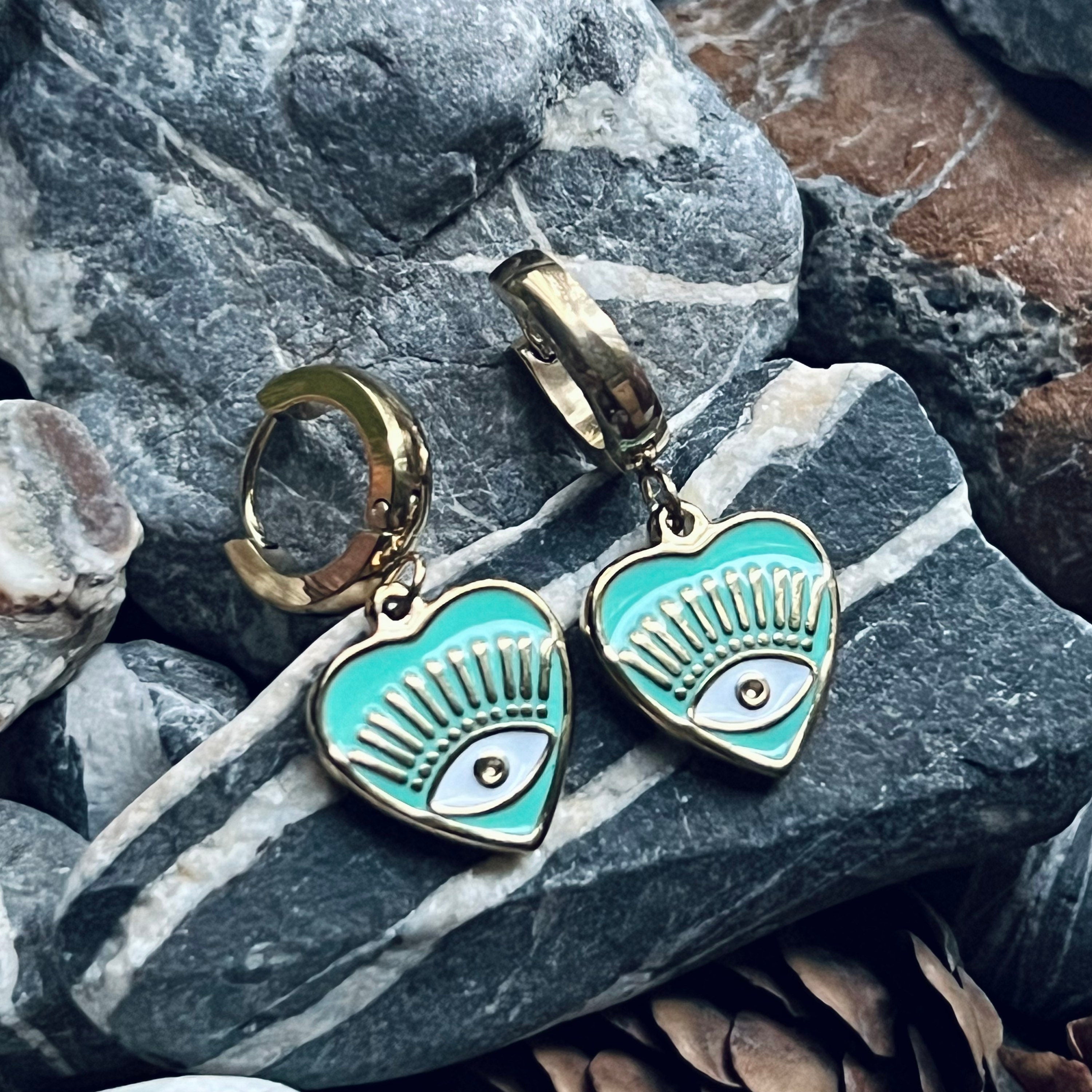 Stainless steel gold heart evil eye hoop earrings