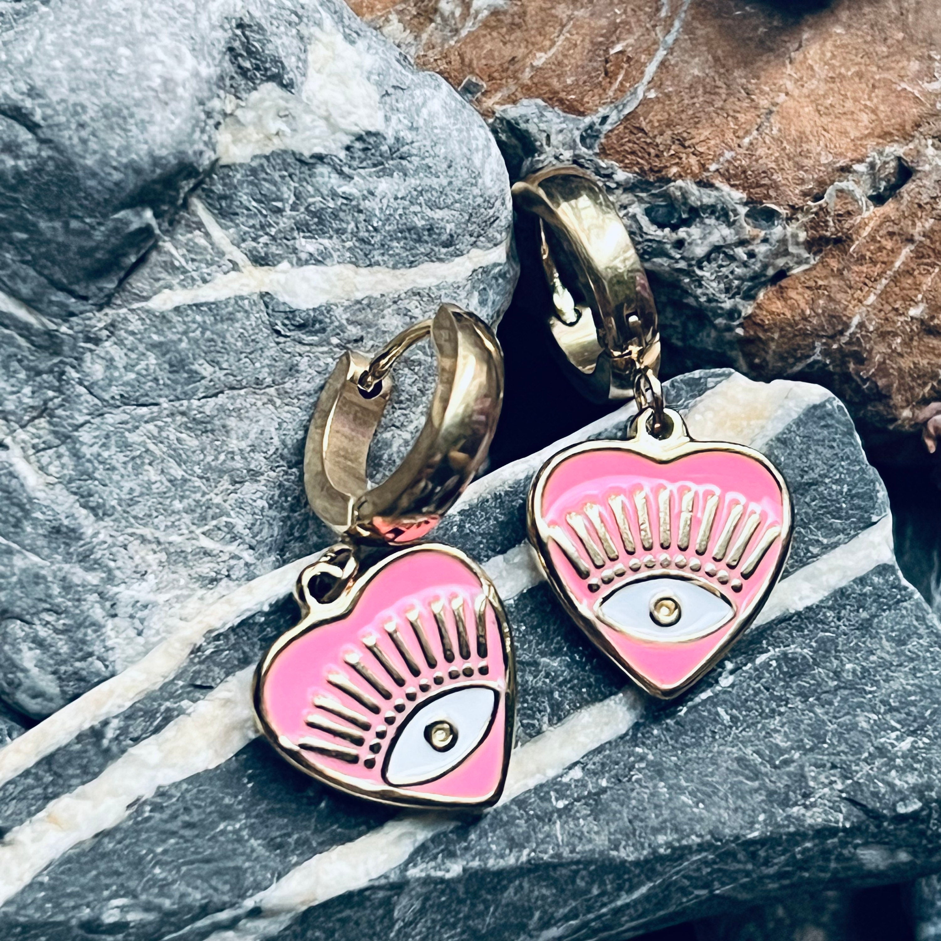 Stainless steel gold heart evil eye hoop earrings