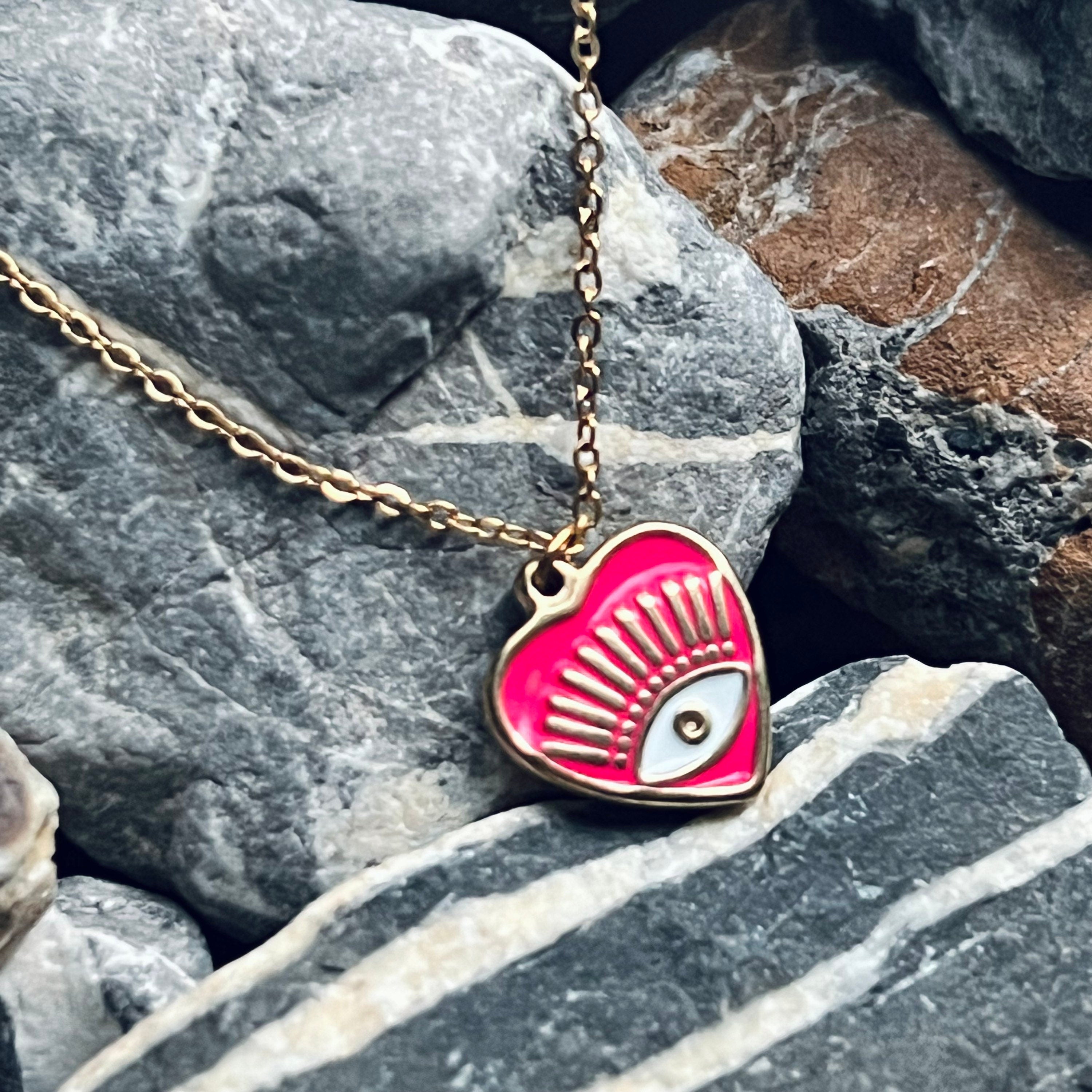 Stainless steel gold enamelled evil eye heart necklace