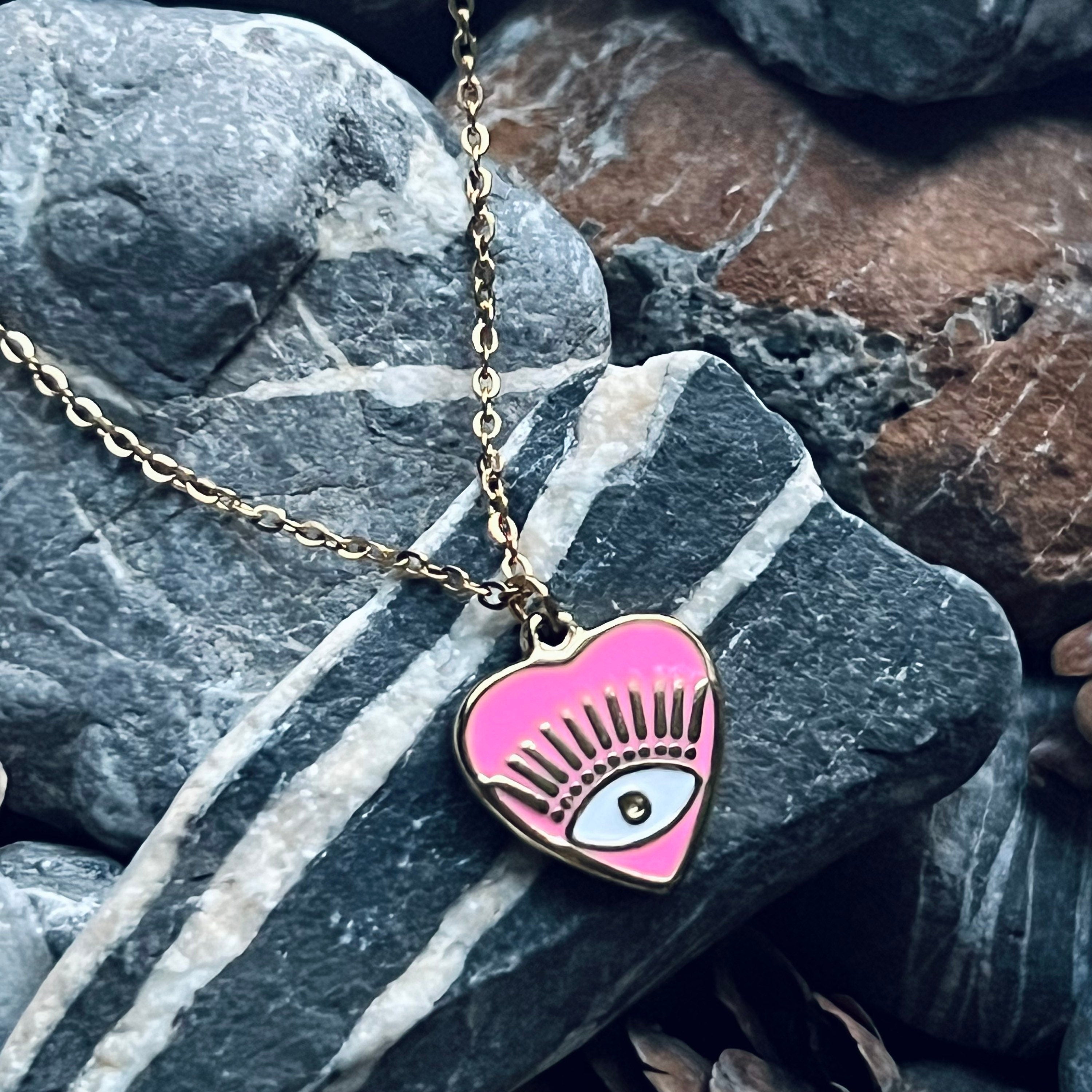 Stainless steel gold enamelled evil eye heart necklace