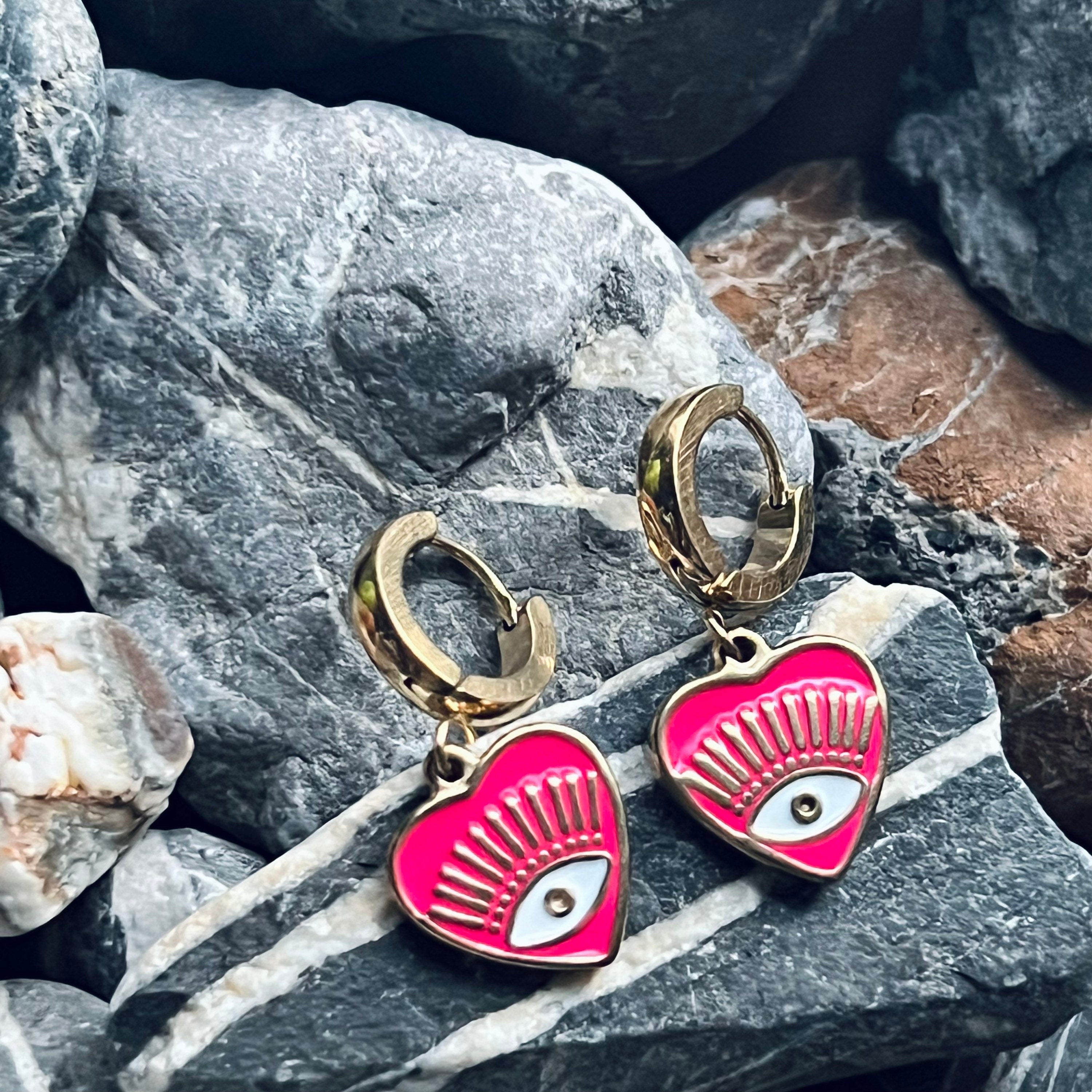 Stainless steel gold heart evil eye hoop earrings
